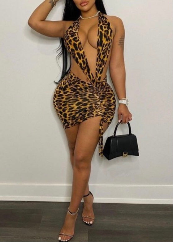 Reflex Sexy Leopard Print Deep V Fashion Dress (Multi) SEV285  City Girls