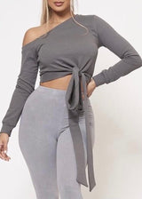 Junie French Terry Off Shoulder Front Self Tie Ribbon Crop Top (Charcoal) AT2538