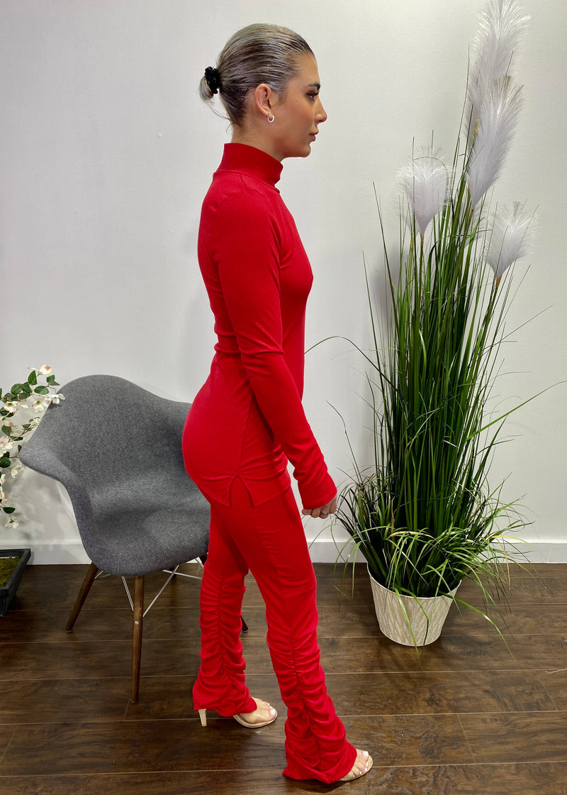 Belita Long Sleeve Thumb Slit Top & Ruched Pant Set (Red) SET-736