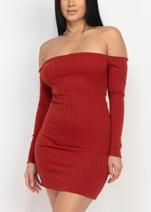 Capella Off Shoulder Lettuce Edge Bodycon Dress (Rust) BD2940