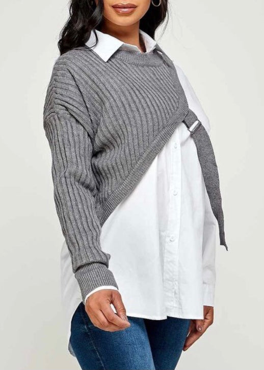 Sj Style Two Piece Sweater Half Sweater Shirt Top (White/Gray) FT102