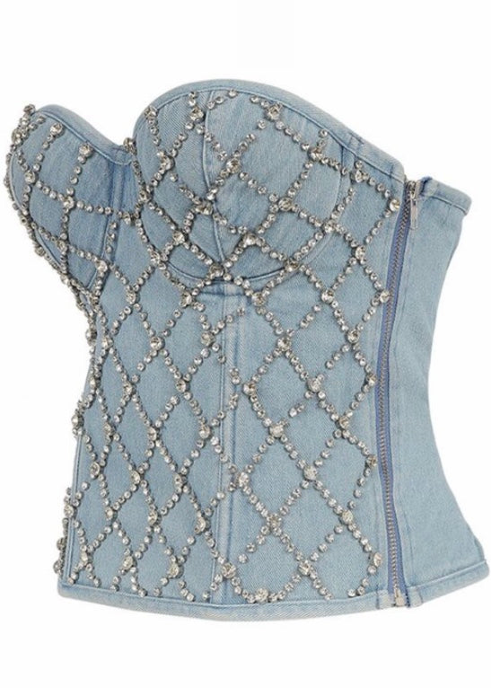 SJK Fashion Jewel Patterned Corset Top (Blue Denim) T50413
