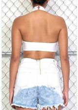 Rehab Crossed Halter Neck Metal Chain Crop Tube Top (Off White) JT5185B