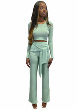 Miss California Piano Rib Long Sleeve Top & Tie Front Pants Set (Sage) A9278