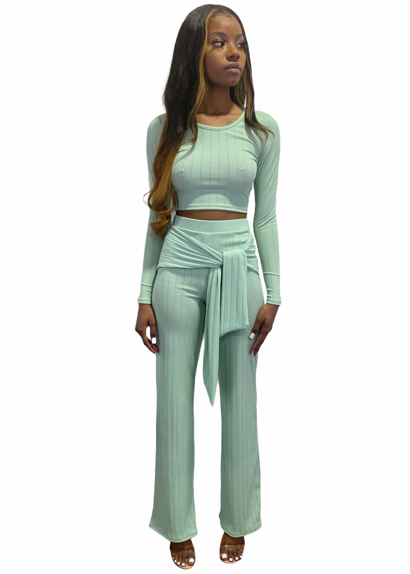 Miss California Piano Rib Long Sleeve Top & Tie Front Pants Set () A9278