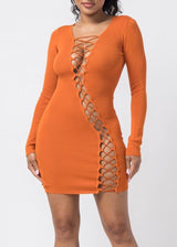 Hera Collection Long Sleeve String Up Mini Dress (Orange Rust) 22573