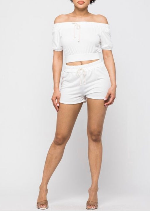 Love J Off Shoulder Crop Top & Short Set (White) TT2155-A