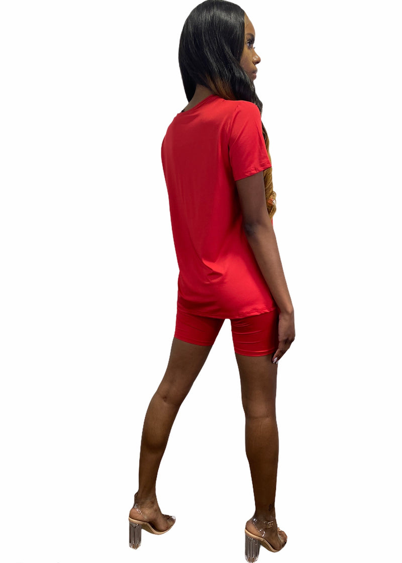 Daisy Solid V Neck Short Sleeve Top T Shirt & Biker Shorts Set (Red)