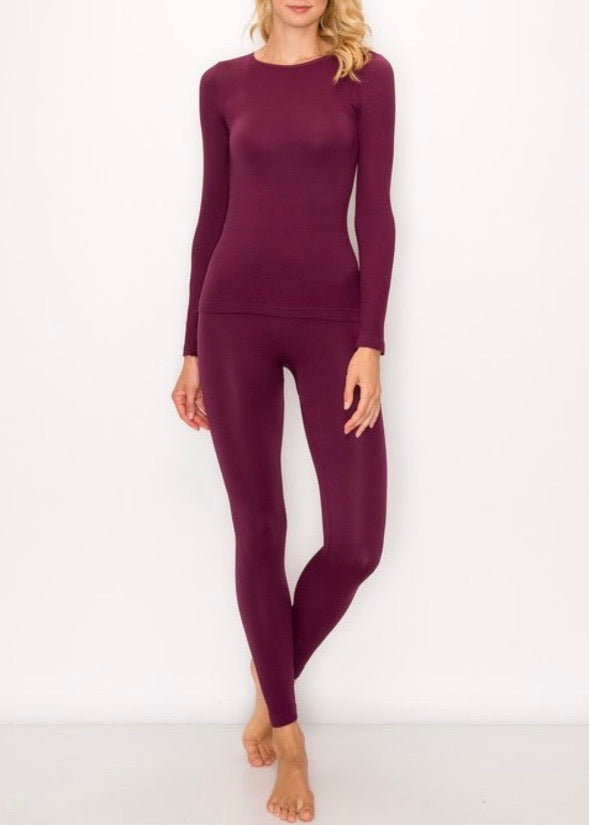 Kimberly Ribbed Seamless Long Sleeve and Legging Lounge Set (Wine)