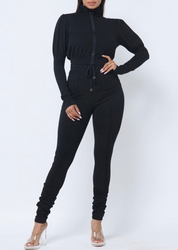 Capsulle Puff Sleeve Cropped Top and Skinny Pants Set (Black) CC2054