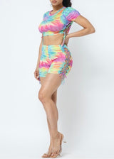 Love Highlight Side Lace Up Crop Top & Lace Up Short Set (Tie Dye) U40656-A