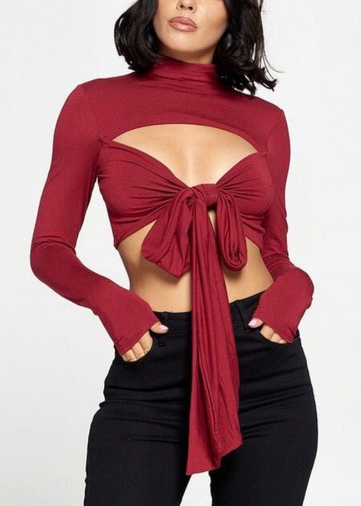 WinWin Mock Neck Long Sleeve Tied Top (Burgundy) WT11720