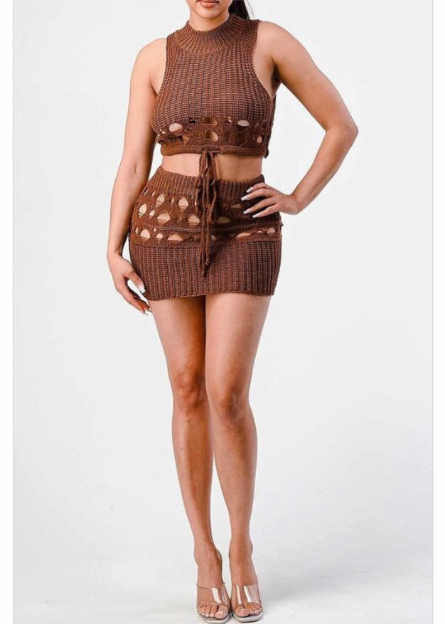 Primi Sleeveless Top & Mini Skirt Set (Brown) DO1001