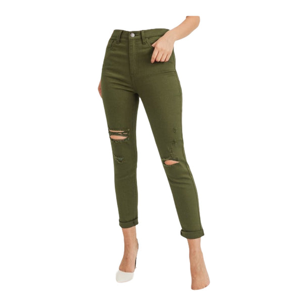 Risen High Waist Distressed Skinny Jeans (Olive) RDP1230-O