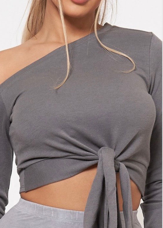 Junie French Terry Off Shoulder Front Self Tie Ribbon Crop Top (Charcoal) AT2538