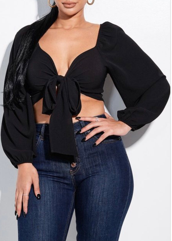 Miss California Solid Bubble Crepe Tie Front Long Sleeve Blouse (Black) T2737