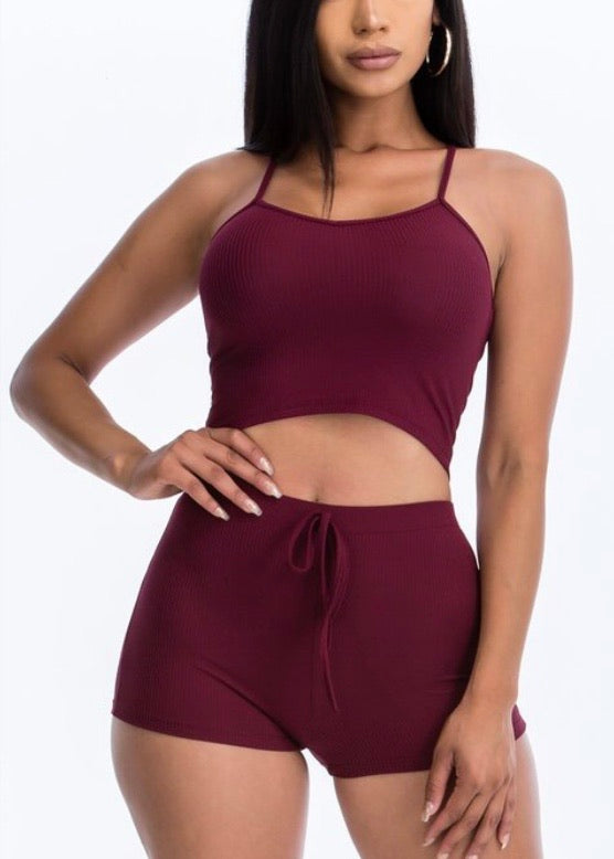 Capella Racer Back Crop Top & Shorts Set (Burgundy) BTP2396