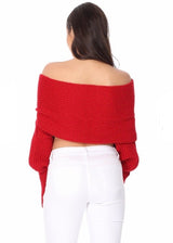 Yemak Off The Shoulder Long Sleeve Wrap Sweater Shawl (Red) KC003
