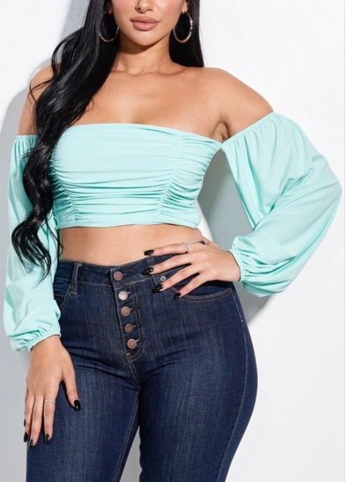 Miss California Solid Off The Shoulder Ruched Crop Top (Mint) T2726