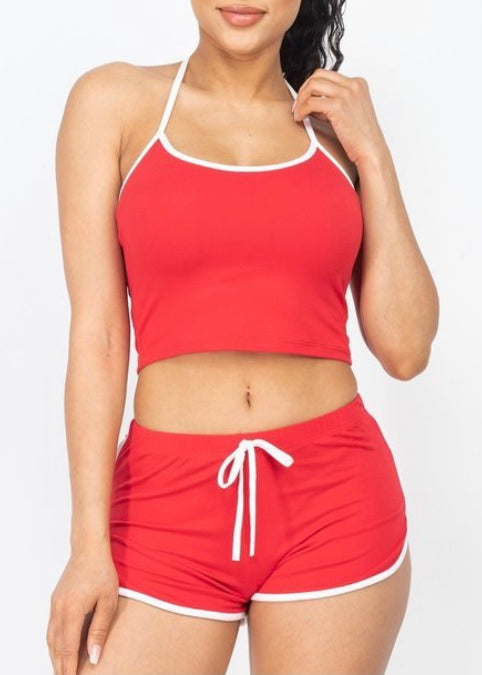 Capella Halter Neck Sleeveless Top & Shorts Activewear Set (Fiery Red) BTP3193