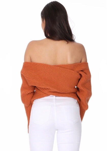 Yemak Off The Shoulder Long Sleeve Wrap Sweater Shawl (D. Orange) KC003