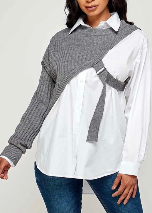 Sj Style Two Piece Sweater Half Sweater Shirt Top (White/Gray) FT102