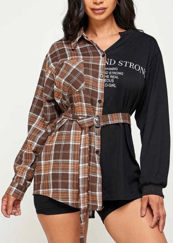 Sj Style Long Sleeve Split Shirt Top (Brown) FT101