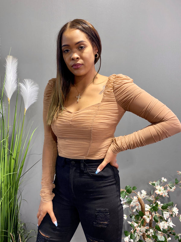 Hera Collection Ruched LSLV Wrinkle Bodysuit (Nude) 62023