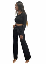 Miss California Piano Rib Long Sleeve Top & Tie Front Pants Set (Black) A9278