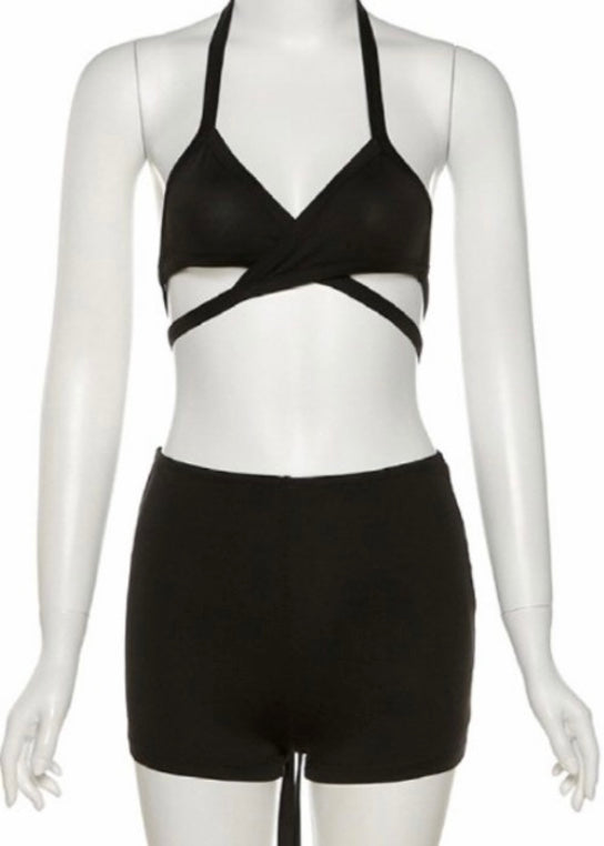 The Way Crossed Bra Top & Shorts Set (Black) TWG6190