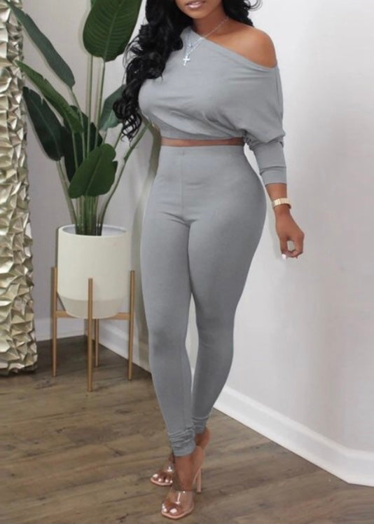 Maejoy Sexy Slant Shoulder Casual Two Piece Fitted Set (Gray) SE018