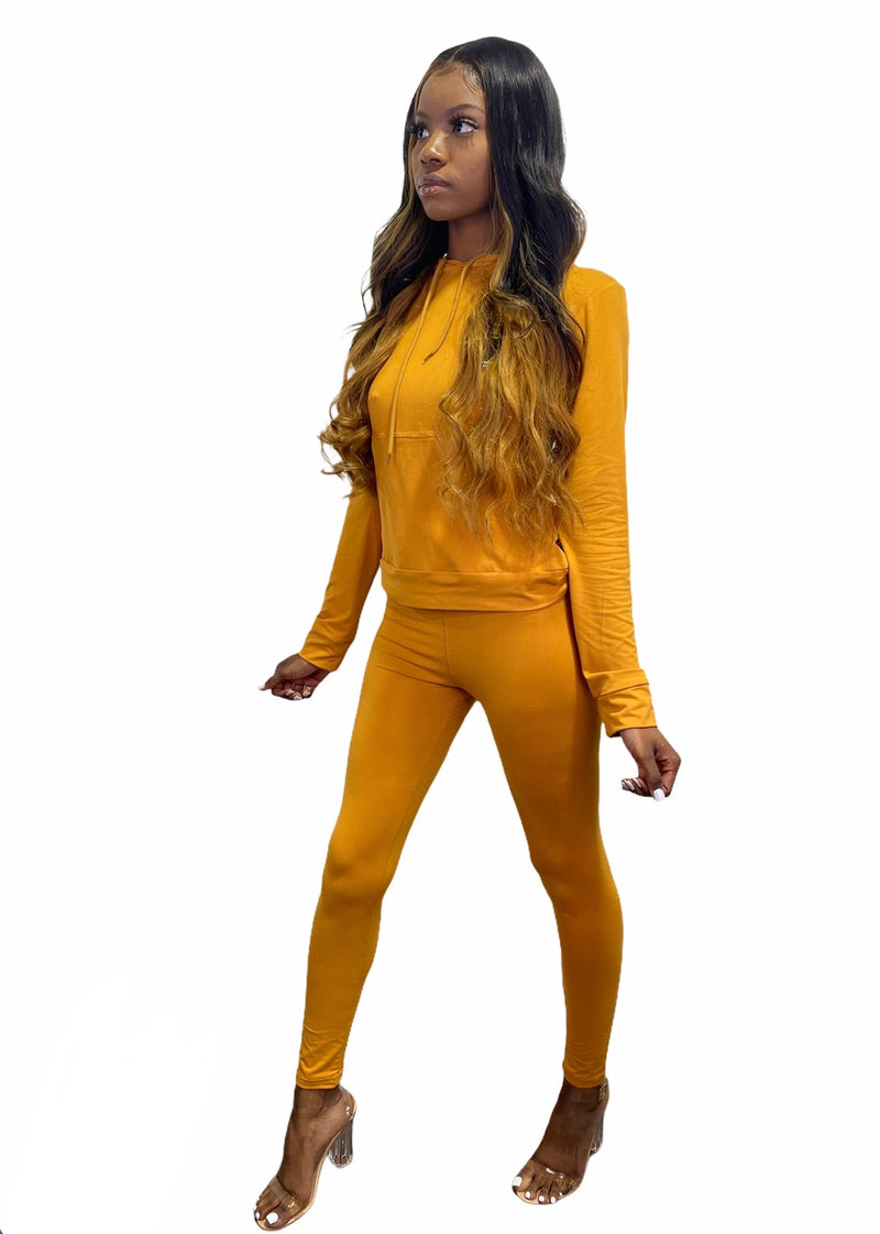 Top Fashion 2 Piece High Waist Pants And Hoodie Set (Mustard) JV30937