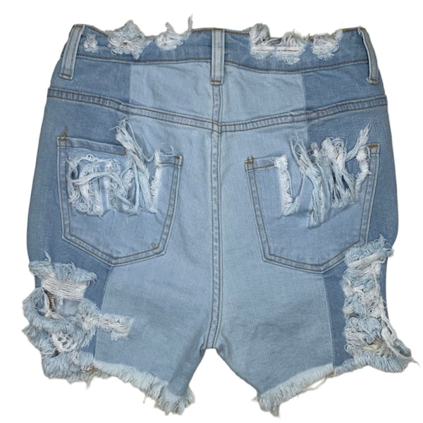 Aphrodite High Rise Frayed Multi Panel Shorts (Light Blue) AP6257F