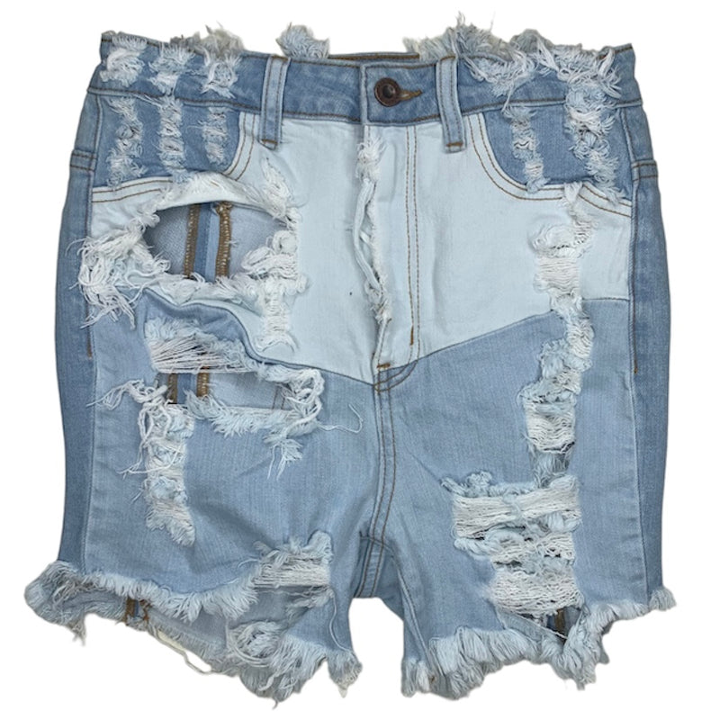 Aphrodite High Rise Frayed Multi Panel Shorts (Light Blue) AP6257F