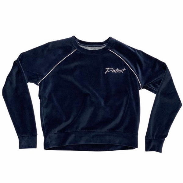 Ink Detroit Embroidered Velour Long Sleeve Women's Crop Top (Navy)