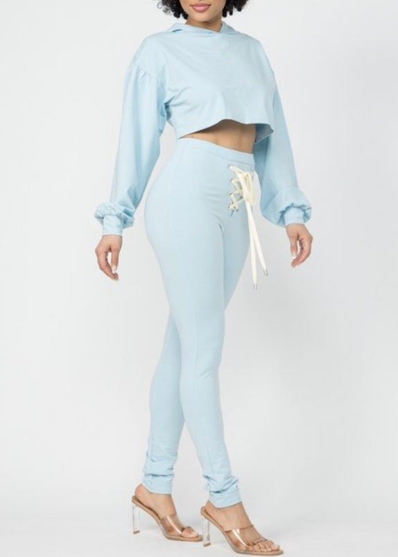 Capsulle Hooded Crop Top & Pants Set (Baby Blue) CC2735