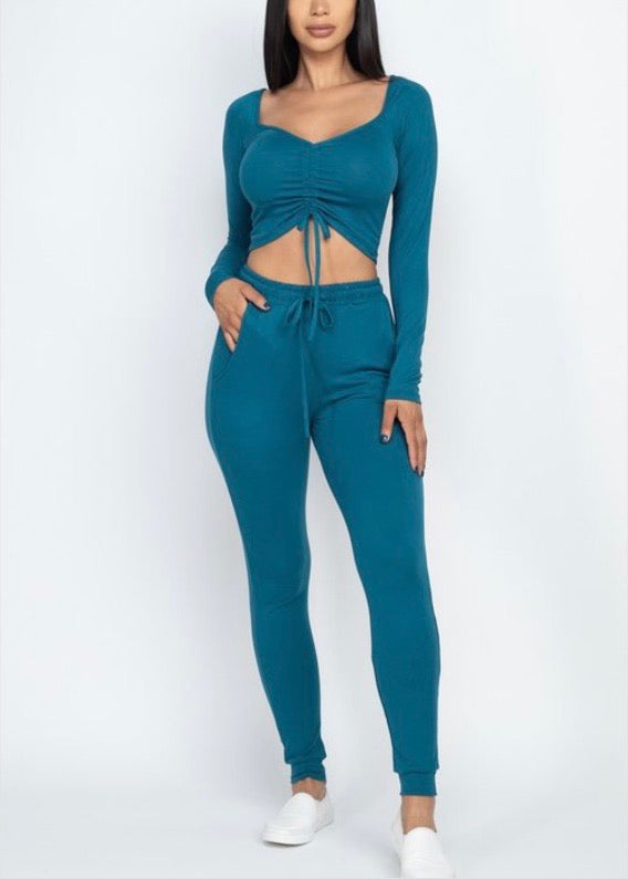 Capella Strap Ruched Crop Top and Jogger Pants Set (Teal) BTP2987