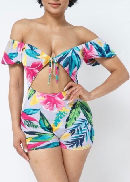 Belita Collection Multi Tropical Print Tie Bust Romper (Lavender) SBR1178