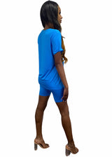 Daisy Solid V Neck Short Sleeve Top T Shirt & Biker Shorts Set (Ocean Blue)