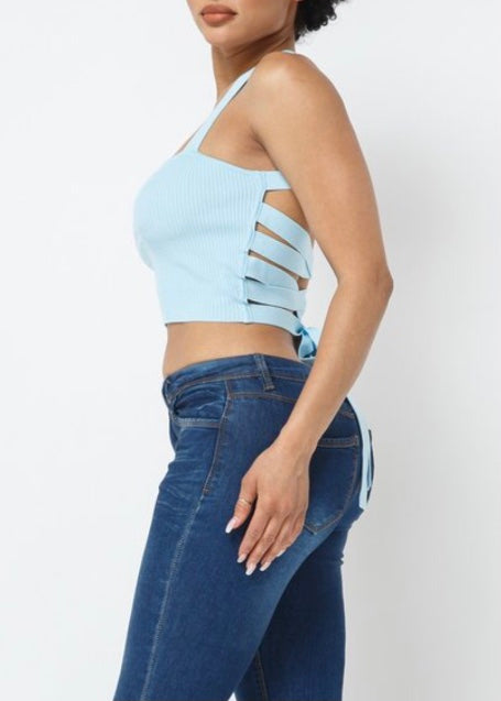 Hera Collection Cross Back Tie Crop Top (Light Blue) 22481