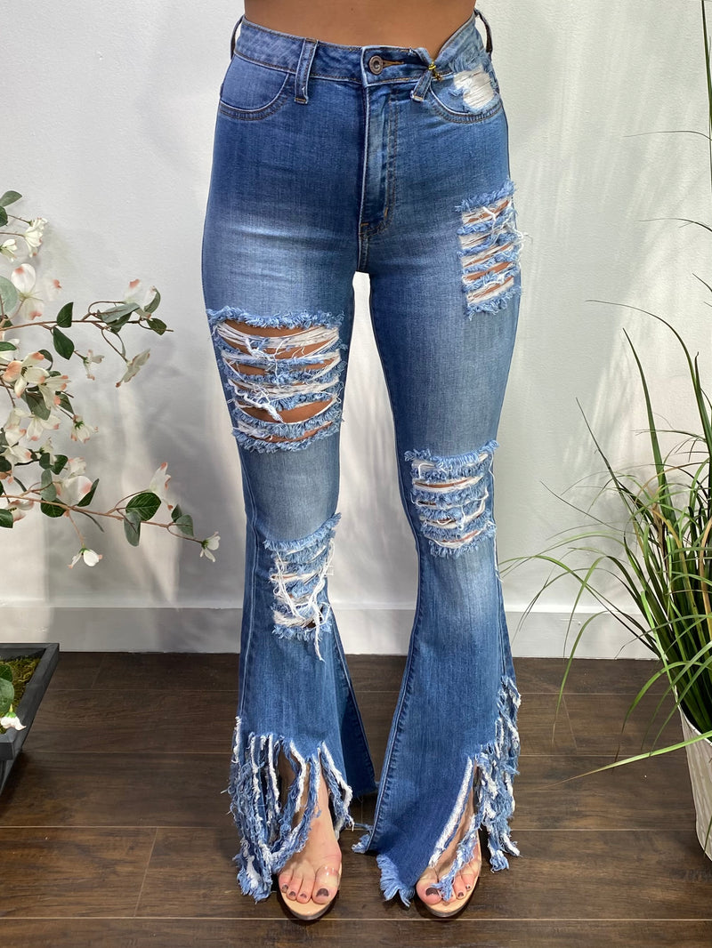 Aphrodite Frayed Flare Jeans (Medium Blue) AP2049F