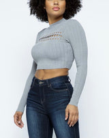 Hera Collection Mock Neck Across Lace Crop Top (Heather Grey)