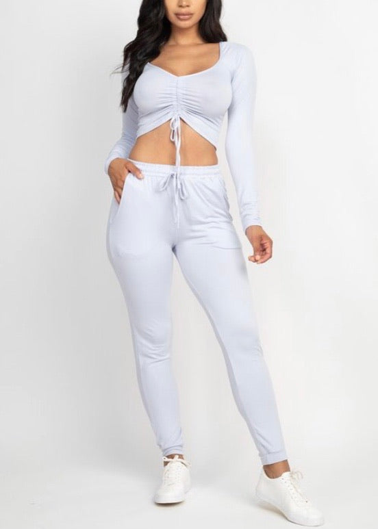 Capella Strap Ruched Crop Top and Jogger Pants Set (Oyster Grey) BTP2987