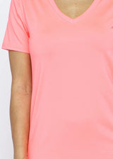 Daisy Solid V Neck Short Sleeve Top T Shirt & Biker Shorts Set (Neon Coral)