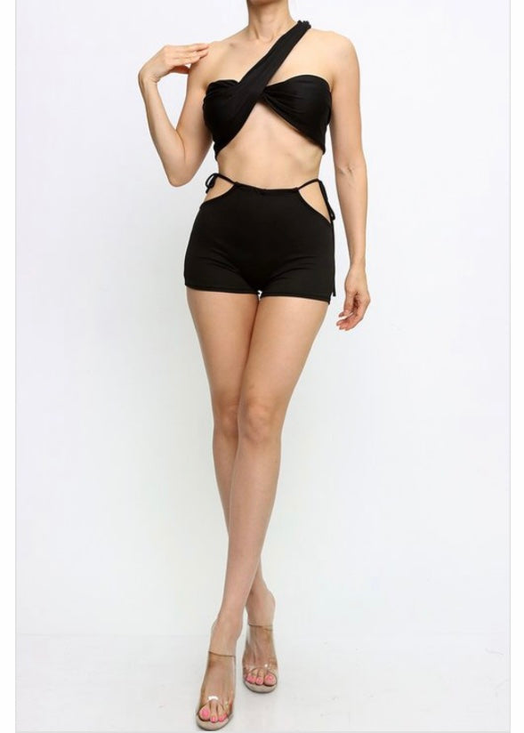 Jade Cross Neck Top & Open Hip Shorts Set (Black) ST50947