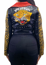 Peaches & Cream Leather Rivet Tiger Head Zipper Jacket (Black/Orange)
