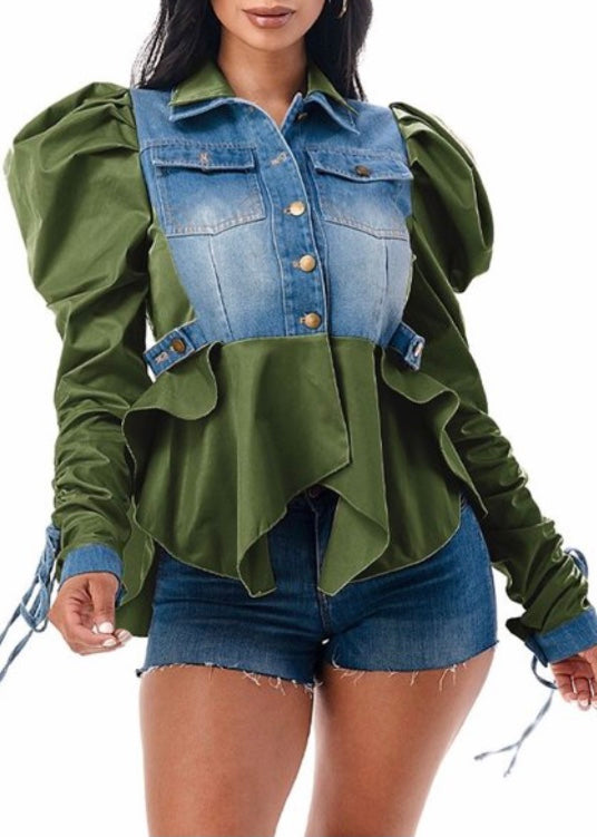 Love Highlight Long Sleeve Button Down Top (Olive/Denim) DT122H1