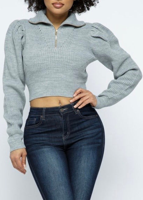 Hera Collection Zip Up Crop Sweater (Heather Grey) 22379