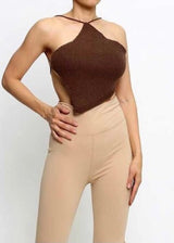 SJK Fashion Halter Neck Knit Backless Top (Brown) T49152