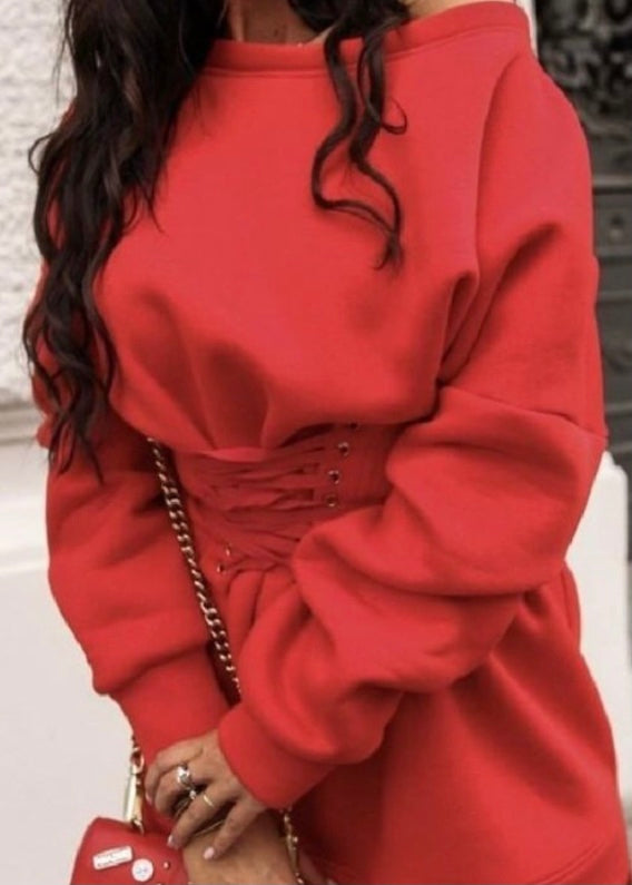 Fashionline Asymmetric Solid Round Neck Mini Dress (Red) FL210927005